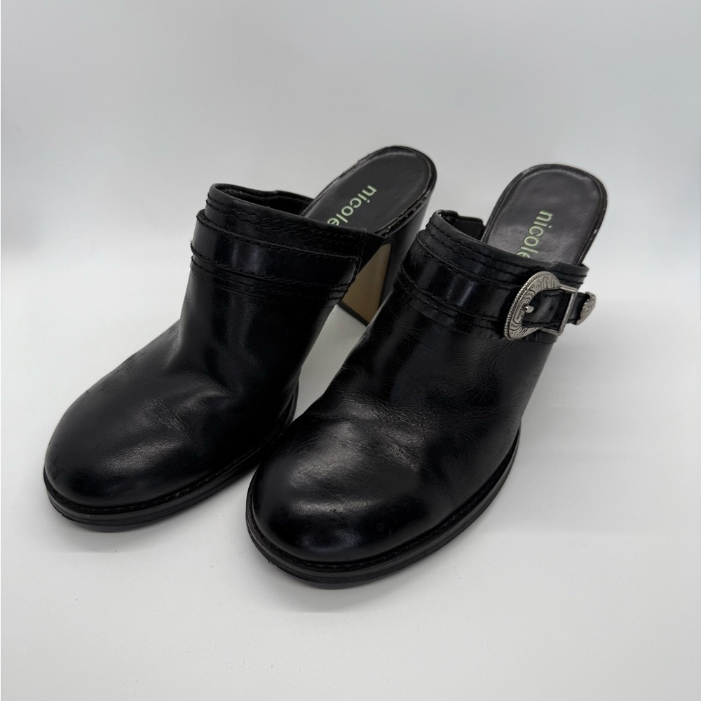 Nicole Black Buckle Leather Mules
